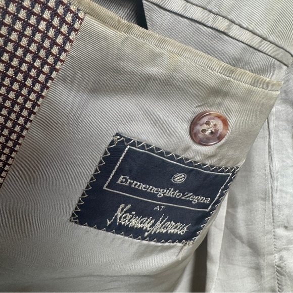 Ermenegildo Zegna Silk Wool Blazer Suit Jacket Tan Black Houndstooth 46R Flaws - Picture 14 of 16
